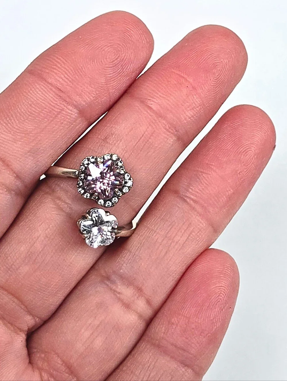 925 Sterling Silver Adjust 7-8 Dual Flower Ring Pink & Clear CZ Open Band Floral
